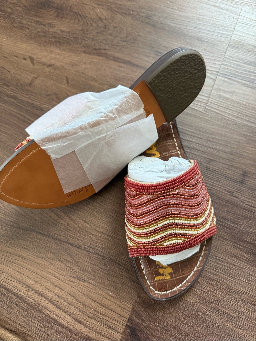 Sam Edelman Beaded Slide Sandals in Red and Gold Tones